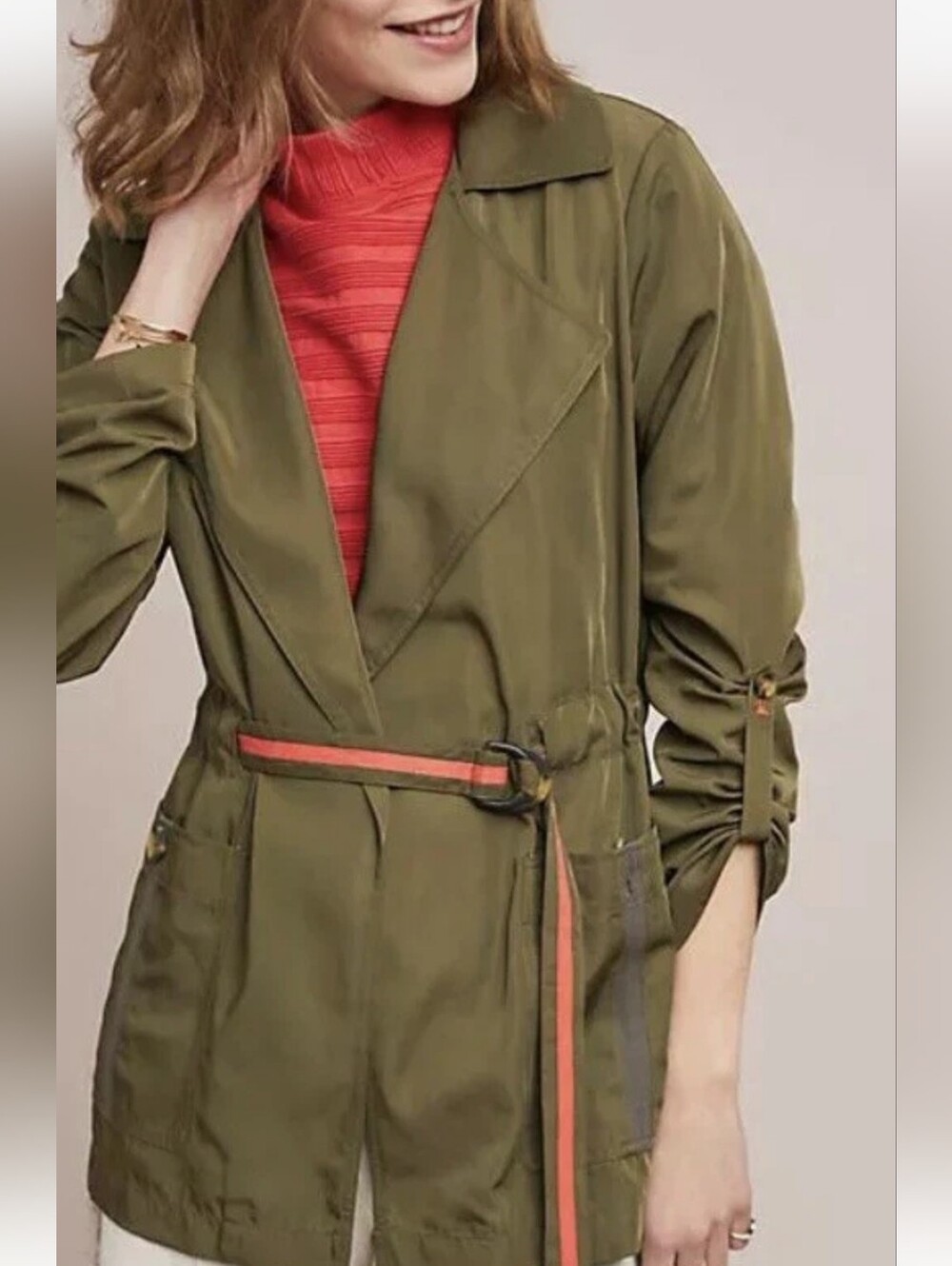 Anthropologie Olive Utility Lightweight Jacket with Orange Accents/Trim Sz XS